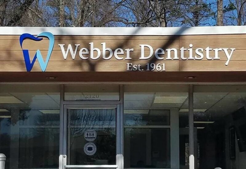 Webber Dentistry Sign - Painted Acrylic & Stud-Mounted with Logo